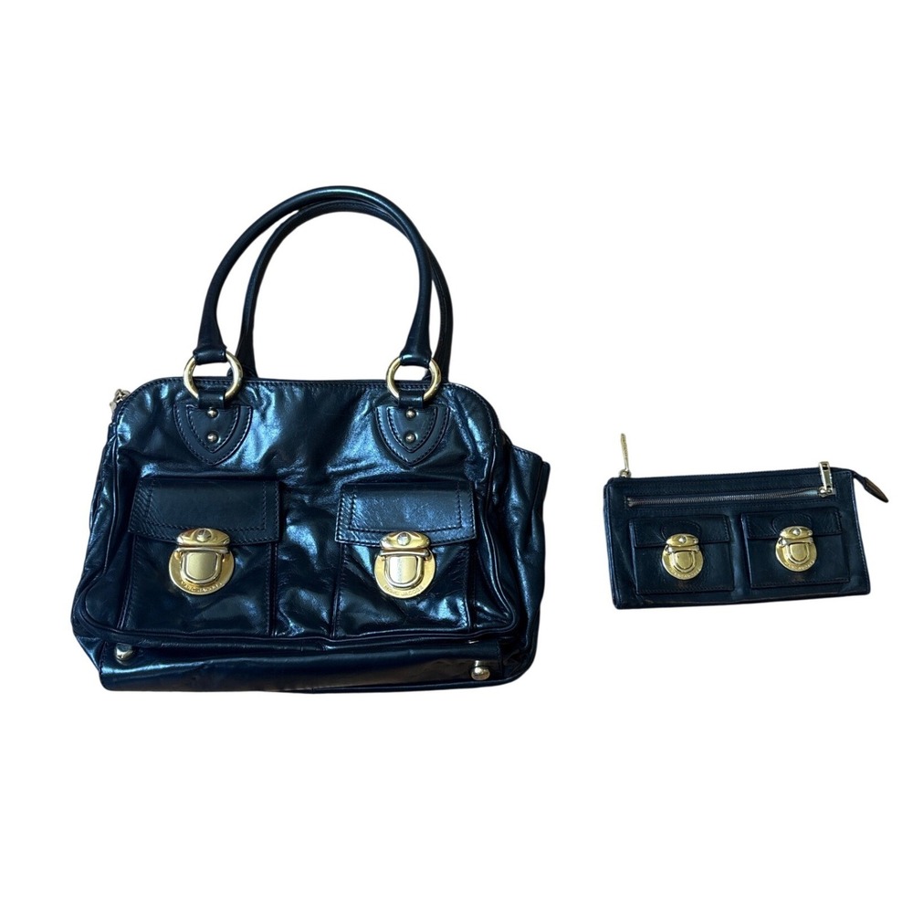 Marc Jacobs Satchel Bag Women Black Leather Gold Push Lock Vintage SIZE Medium